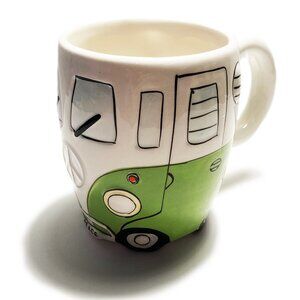 NEW 16 oz Green Retro Hand Painted Hippie Camper Peace Van Ceramic Porcelain Mug